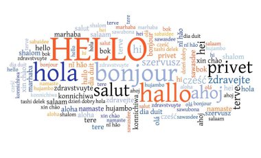 Merhaba kelime farklı dillere çevrildi. Merhaba uluslararası çeviri metin kolajı.