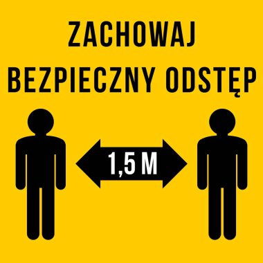 Polonya dilinde sosyal uzaklık işareti. Zachowaj bezpieczny odstep (İngilizce: güvenli mesafeyi koru). Coronavirus salgını güvenliği. Vektör illüstrasyonu.