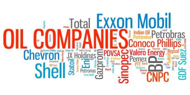 WARsaw, POLAND - 28 Mayıs 2014: Dünyanın önde gelen petrol endüstrisi şirketlerinden oluşan kelime bulutu. Gelirleri Shell, Exxon Mobil, BP ve Sinopec 'tir..