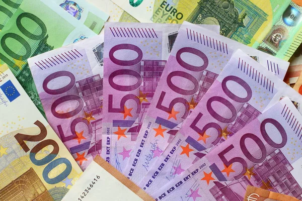Euro Banknoten Hintergrund Europäische Papiergeldtextur Mit 100 200 Und 500 — Stockfoto