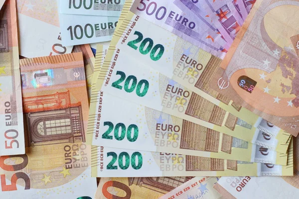 Kontekst Banknotów Euro Europejska Faktura Pieniądza Papierowego Banknotami 100 200 — Zdjęcie stockowe