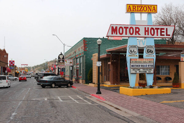 WILLIAMS, UNITED STATES - APRIL 2, 2014: Street view in historic town of Williams, Arizona. Williams is famous for its location on Route 66.