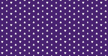 Kart oynuyorum, pürüzsüz desen. Poker masası ya da kumarhane masa örtüsü vektör dokusu tasarımı. Mor ve beyaz renkler.