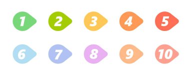 Mermi noktası tasarım elemanı ayarlandı. Renkli liste işaretleyicileri koleksiyonu, 1 numaradan 10 numaraya.