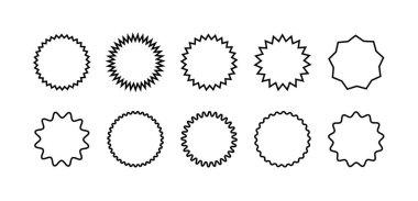 Yıldız patlaması çıkartması seti. Çizgi sanat eseri koleksiyonu, güneş patlaması rozetleri, fiyat etiketleri ya da dalgalı kenarlı kaliteli mühürler. Düz tasarım vektör elementleri.