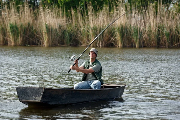 Pêcheur Attrape Poisson Pêcheur Avec Tige Main — Photo