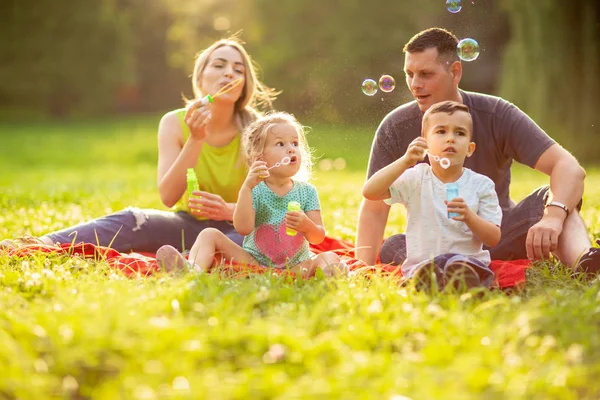 Familia Joven Con Niños Soplar Burbujas Jabón Aire Libre —  Fotos de Stock