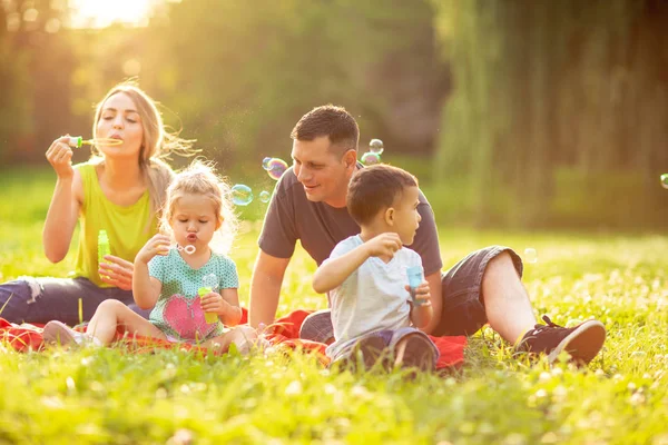 Famiglia Felice Nel Parco Insieme Una Giornata Sole Simpatici Bambini — Foto Stock