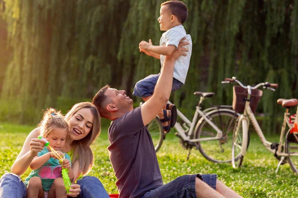 Aile, ebeveynlik, evlat edinme ve insanlar kavramı-mutlu aile birlikte parkta tadını