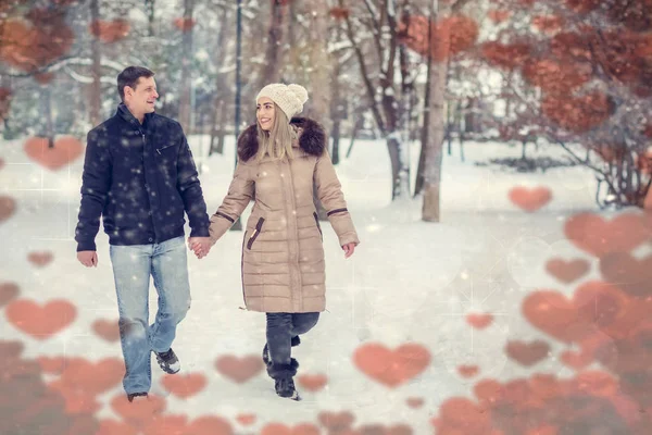 Lovers Walking Winter Snow Smiling Young Couple Winter Park Having — Stock Photo, Image