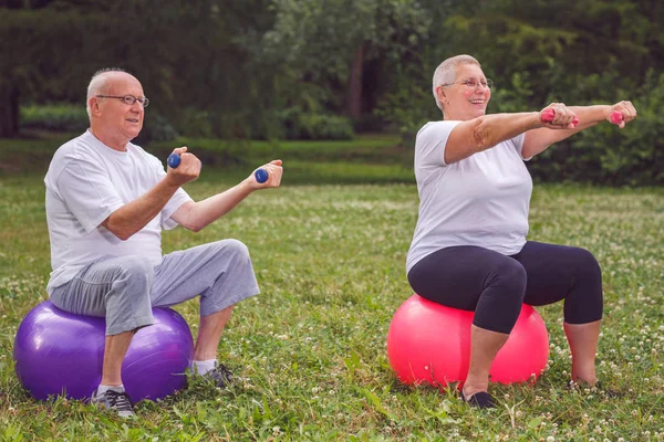 senior sports couple sitting on fitness ball with dumbbell