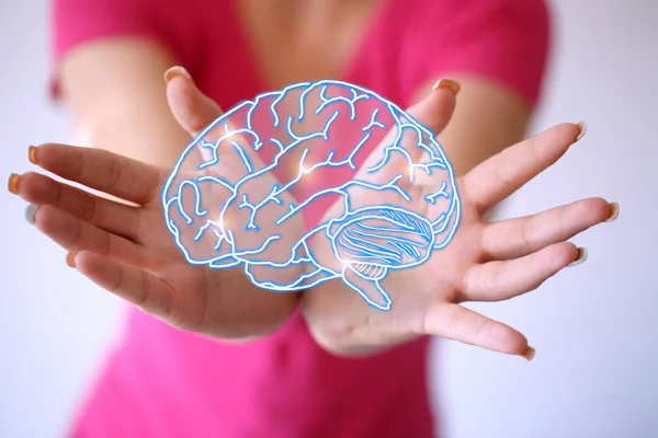 Use brain – Mind Energy -Woman hand shows the brain