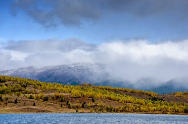 Dağlar peyzaj - tasarımınız için pastel renklerde bulutlu gökyüzü. Romantik deniz manzarası - siluet sis ve sonbahar ormandaki blue Hills deniz manzaralı