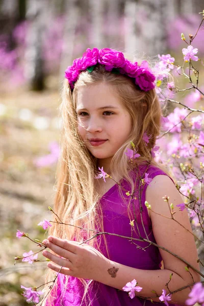 Portrait d'enfant se tient parmi le lédum et le bouleau dans une robe rose et souriant — Photo