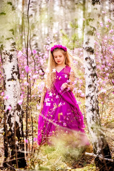 Un enfant se tient au milieu du lédum et du bouleau dans une robe rose et souriant — Photo