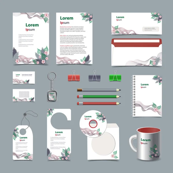 Modelo de identidade corporativa branca com elementos verdes e azuis vermelhos. Estilo de empresa vetorial para diretriz de brandbook. EPS 10 — Vetor de Stock