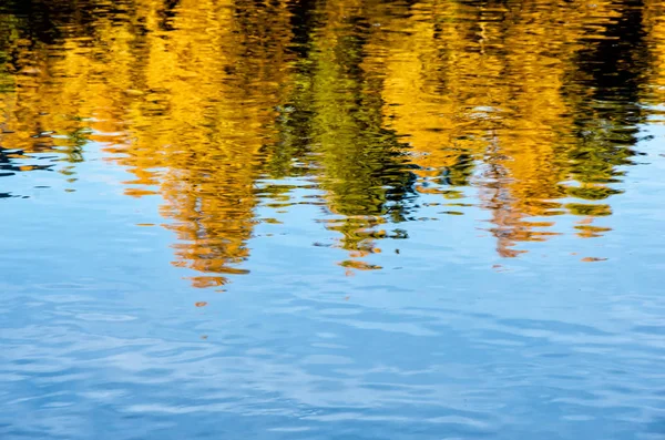 Tonos amarillos y verdes se reflejan en el agua en un día de otoño temprano en la mañana — Foto de Stock
