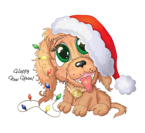 Illustration of cute cartoon puppy dog with new year lights isolated on white background