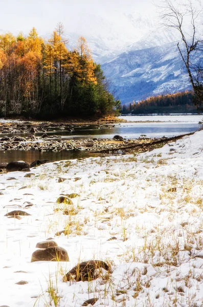 Lago de montaña Froliha, pino y piedras con nieve en el lago espejo —  Fotos de Stock