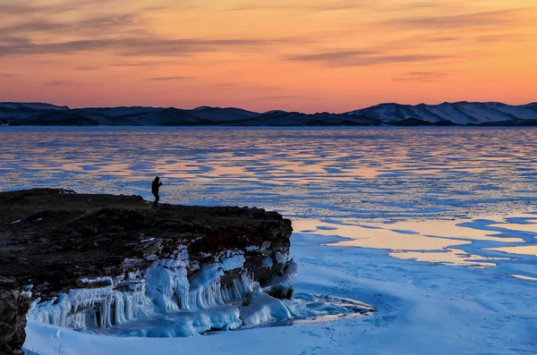 Amazimg Vue Orange Sur Glace Soleil Levant Sur Les Montagnes — Photo