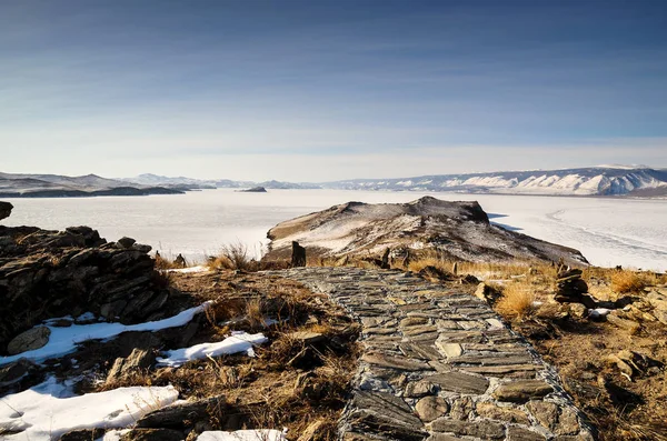 Vista Inverno Ilha Ogoy Lago Baikal Dia Ensolarado Rússia — Fotografia de Stock