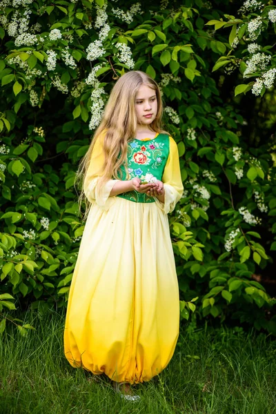 Blondes junges Mädchen posiert in einem gelbgrünen Kleid in der Nähe von Birken — Stockfoto