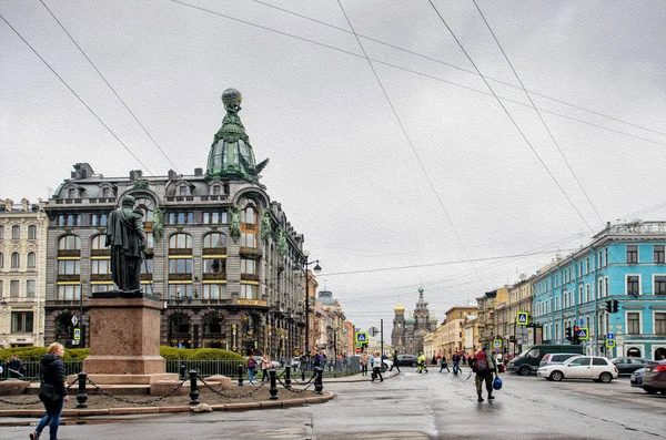 Saint-Pétersbourg, Russie, 2 mai 2015 - vue de face du bâtiment Zinger en début d'après-midi modifier comme peinture — Photo
