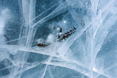 Baykal Gölü 'nün güzel buzu soyut çatlaklar ve derin yeşil bitkilerle