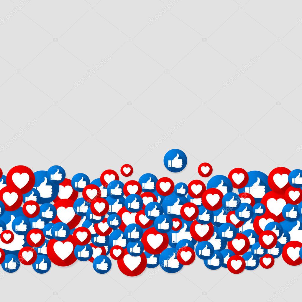 Vector background with buttons Love and Like. Finger and heart icons. Social Media design. Social network idea. Vector illustration.