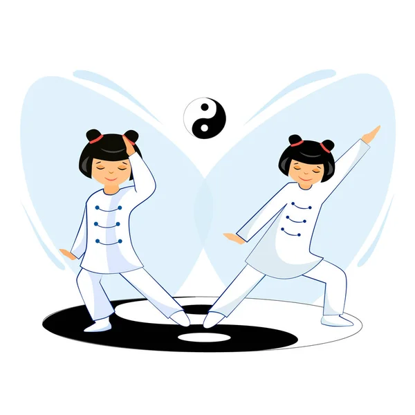 Çinli kızlar Tai chi ve qigong egzersizleri yaparlar.