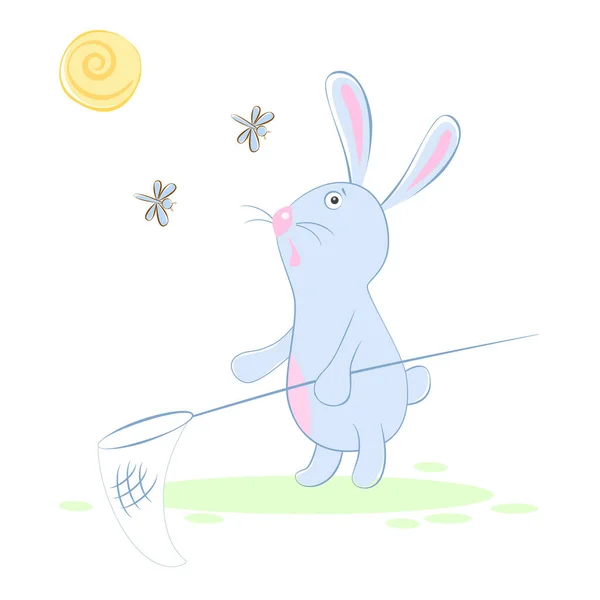有蝴蝶网的兔子 — 图库矢量图片