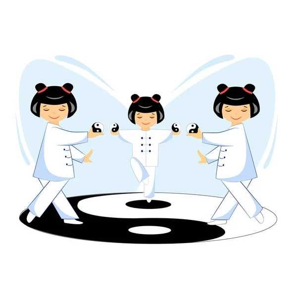 Üç Çinli kız Tai Chi ve Qigong egzersizleri yapıyor.