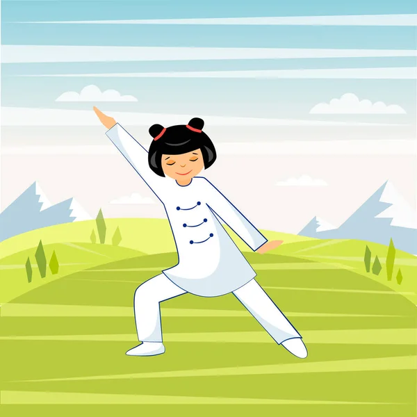 Çinli kız dışarıda Tai Chi ve qigong egzersizleri yapıyor.