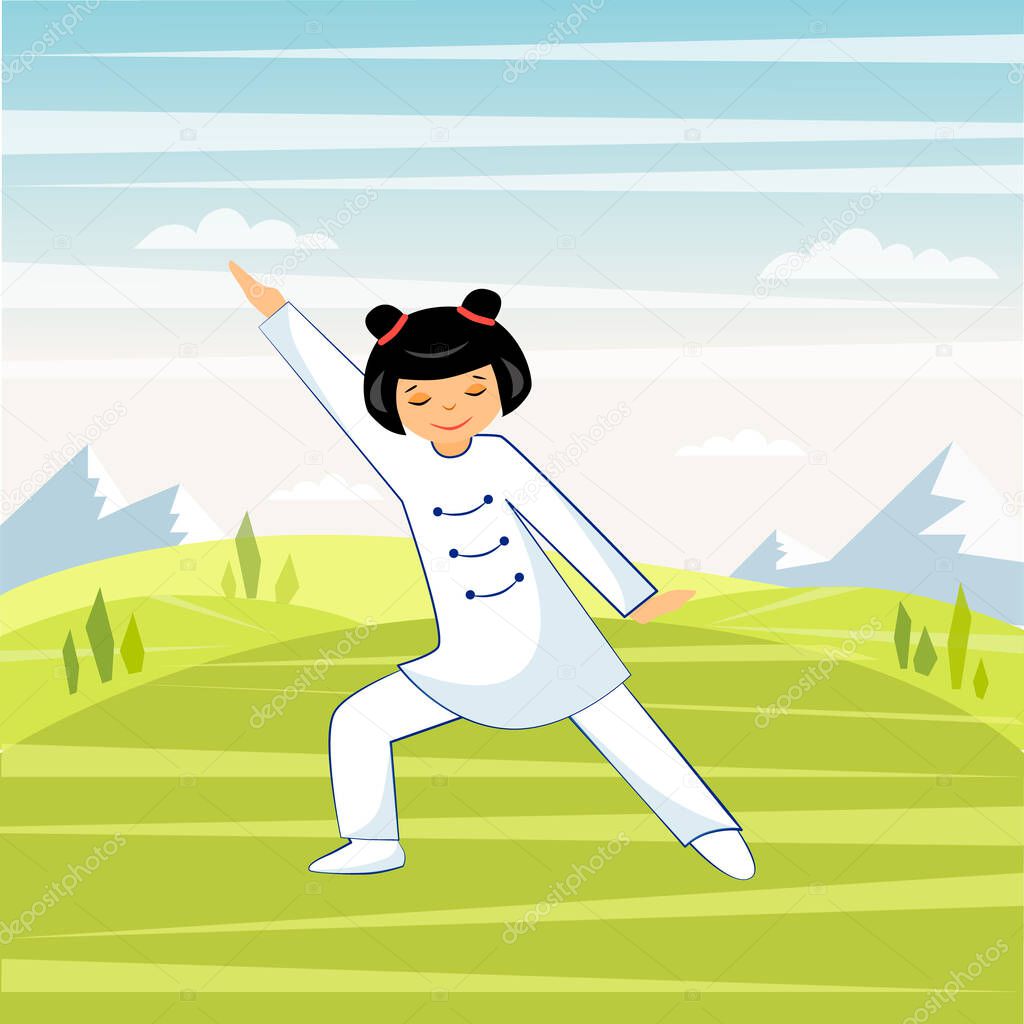 Chinese girl performs Tai chi and qigong exercises outdoors in t