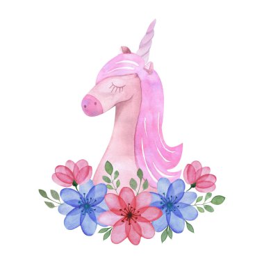 Suluboya tek boynuzlu at ve bir buket çiçek. 