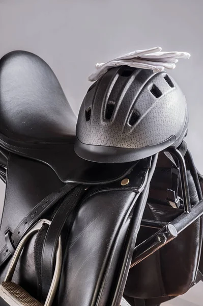 Black professional  leather dressage saddle in complete with rid — Stock Photo, Image