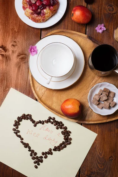 Happy  morning . life style shot with coffee, berry cake and fru — Stock Photo, Image