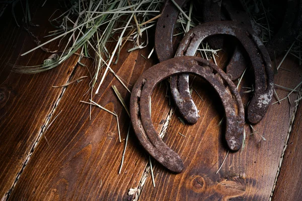 Antecedentes de Equesrtian. Suerte herraduras viejas que ponen en ba de madera Imagen de archivo