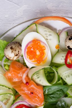 kırmızı somon havyar ve yumurta ve vege ile taze gurme salata