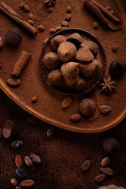 Doğal kakao çekirdeği, pudra, kakao yağı, kamış şekeri ile besleyici maddelerin etrafında sağlıklı, lezzetli çikolata trüf mantarları. Sağlıklı tatlı konsepti. düz yat