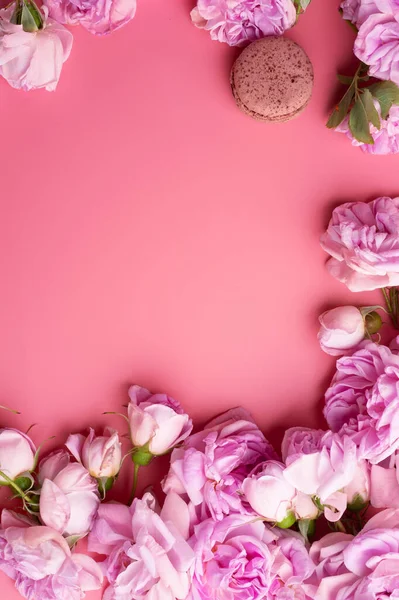 Pink Fresh Fragrance Roses Macaroon Pink Background Romantic Beauty Concept — Stock Photo, Image