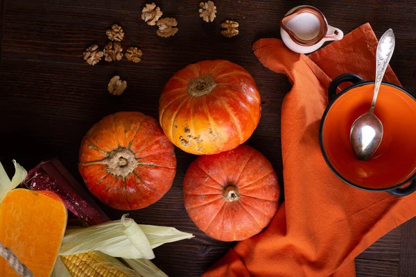 Ripe Orange Pumkins Served Wooden Brown Table Orange Bowl Coconut — Stock Photo, Image