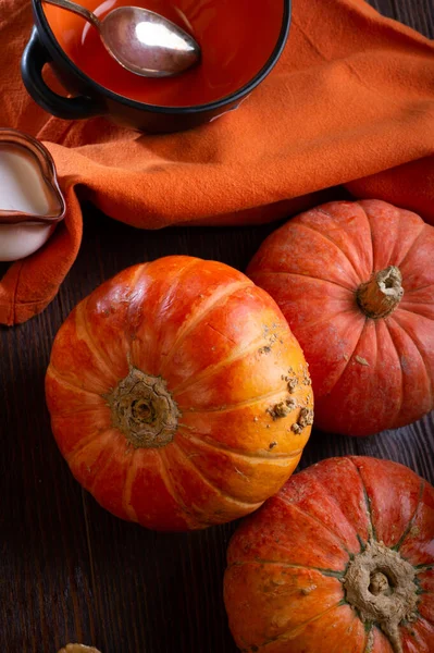 Ripe Orange Pumkins Served Wooden Brown Table Orange Bowl Coconut — Stock Photo, Image