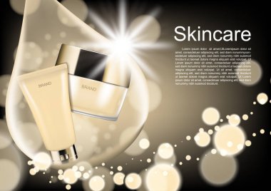 İçinde su damla koyu arka plan üzerinde parlayan ve kabarcık ışıkları ile kozmetik reklamları şablonu, kozmetik