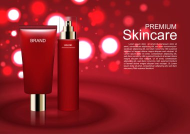 Kozmetik reklamları şablon, gece kremi ve serum kırmızı bokeh su ile