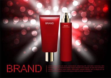 Kozmetik reklamları şablon, gece losyon ve serum ile hafif ve kırmızı bokeh parlayan beyaz