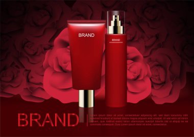 Kozmetik reklamları şablon, serum ve krema ile kırmızı gül