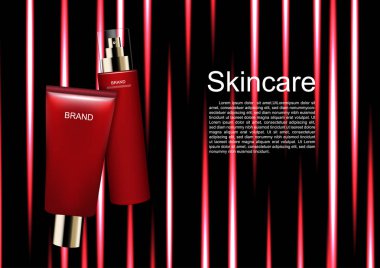 Kozmetik reklamları şablon, serum ve krem koyu arka plan üzerinde dikey çizgiler ile