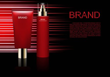 Kozmetik reklam şablonunun, serum ve koyu arka plan üzerinde yatay çizgiler ile losyon