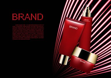 Kozmetik reklam şablonunun, sigorta primi Cilt Bakımı ile soyut kırmızı çizgiler üzerinde koyu arka plan ayarlamak